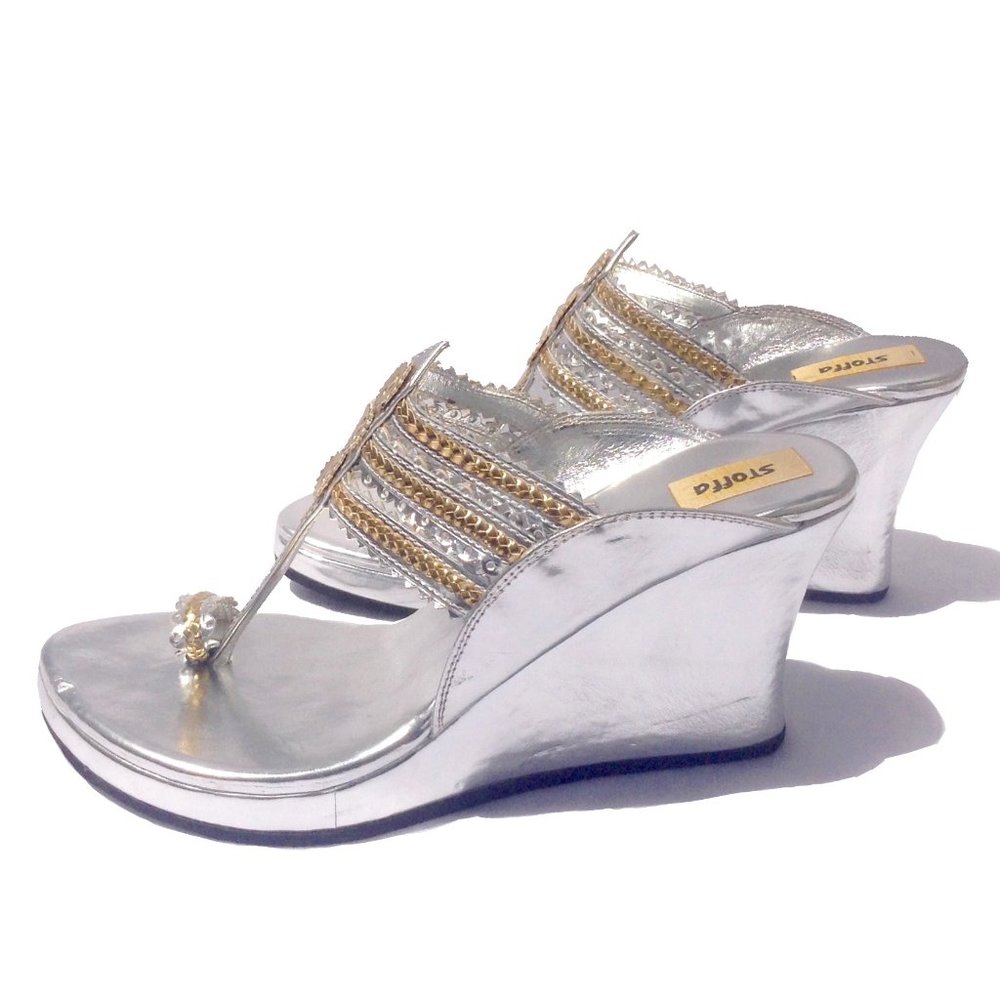 STOFFA Wedge T-Strap Gold Trim Braided Sandals